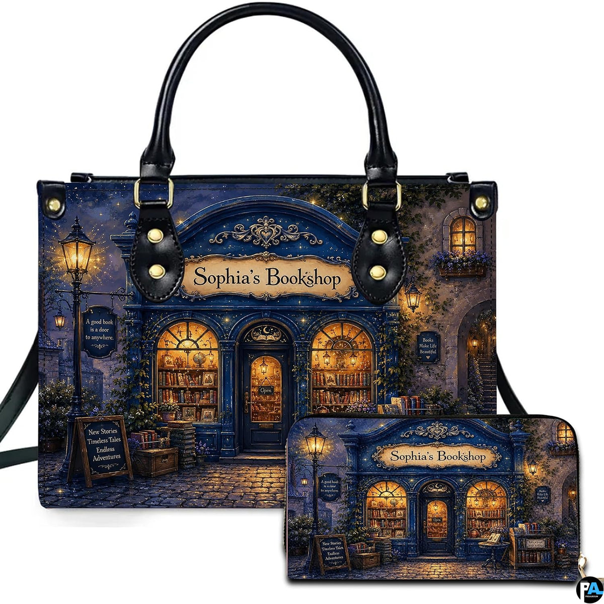 Evening royal navy storefront and glowing streetlamp on cobblestone street on matching handbag and wallet set.