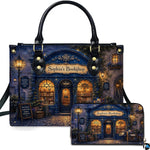 Evening royal navy storefront and glowing streetlamp on cobblestone street on matching handbag and wallet set.