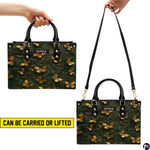 Handheld and shoulder carrying options displayed for the golden butterfly handbag.
