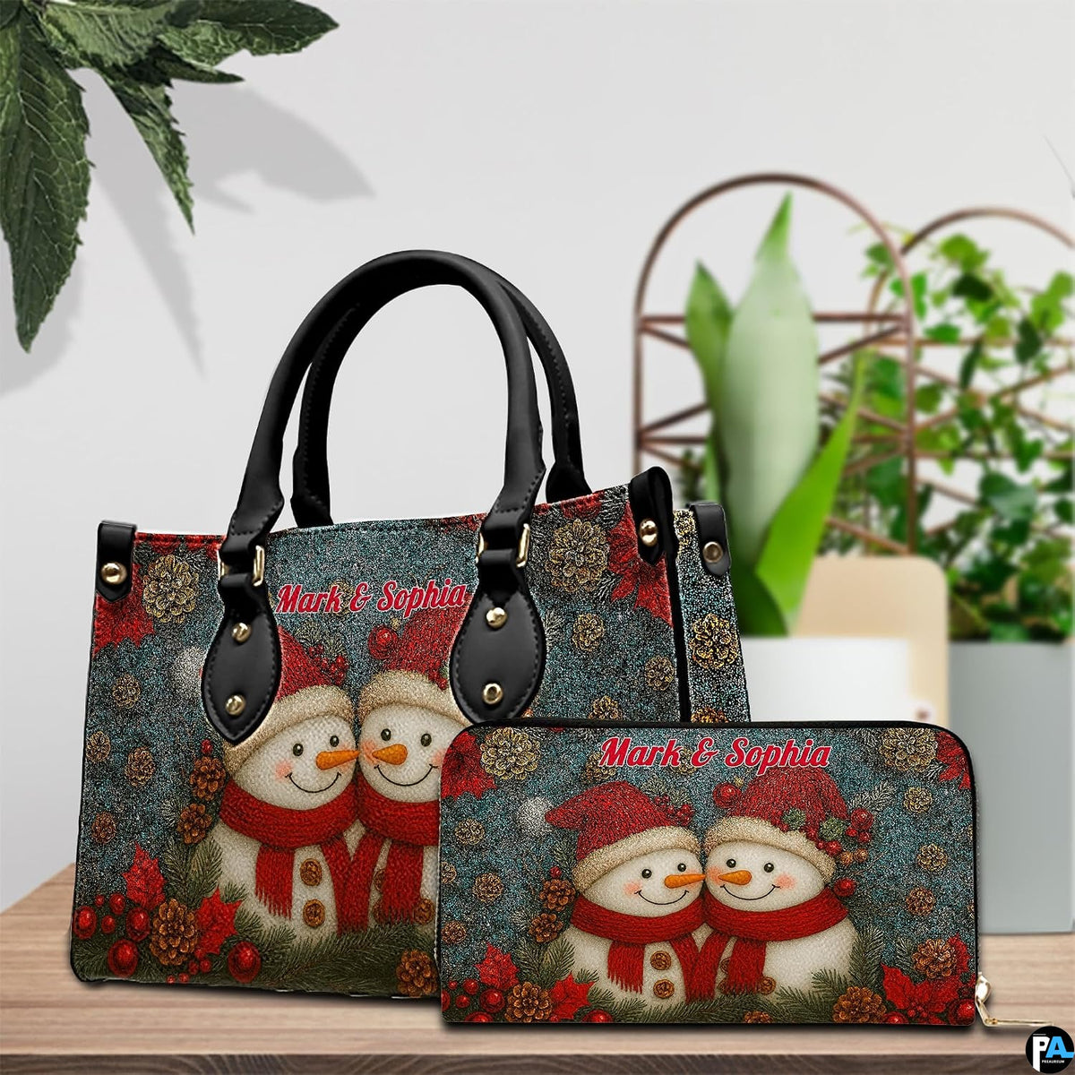Side view of structured handbag silhouette with carry handles and coordinating snowman wallet design