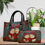 Side view of structured handbag silhouette with carry handles and coordinating snowman wallet design
