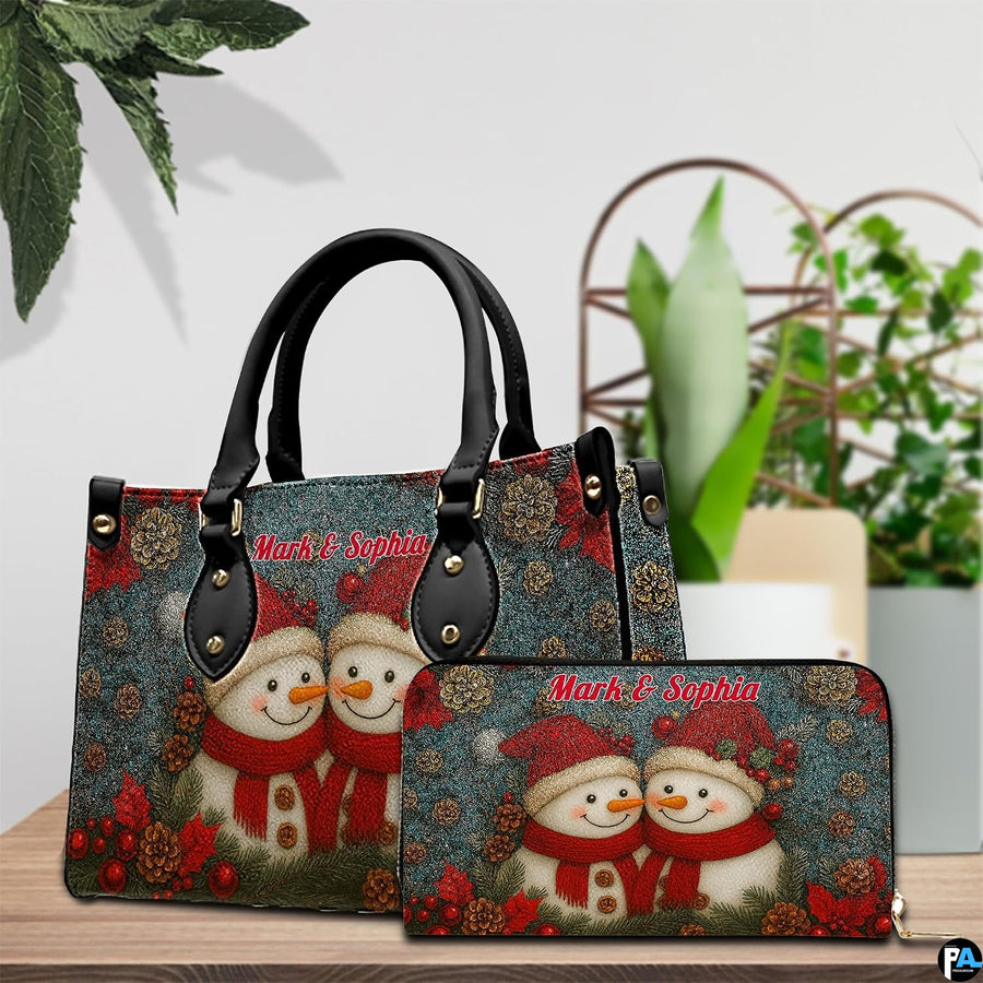 Side view of structured handbag silhouette with carry handles and coordinating snowman wallet design
