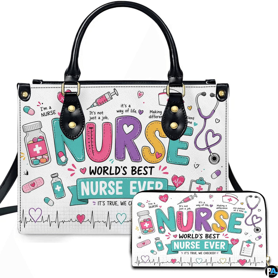 Nurse appreciation art featuring bold multicolored typography, looped stethoscope, and medical doodles on ivory.