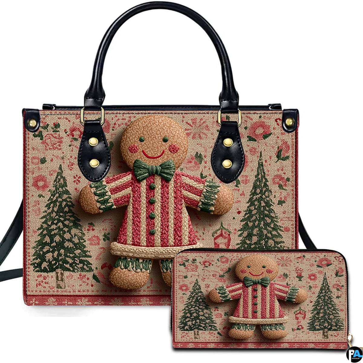 Gingerbread figure holiday print with evergreen pine trees on a rustic damask backdrop