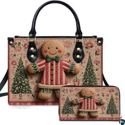 Gingerbread figure holiday print with evergreen pine trees on a rustic damask backdrop