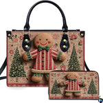 Gingerbread figure holiday print with evergreen pine trees on a rustic damask backdrop