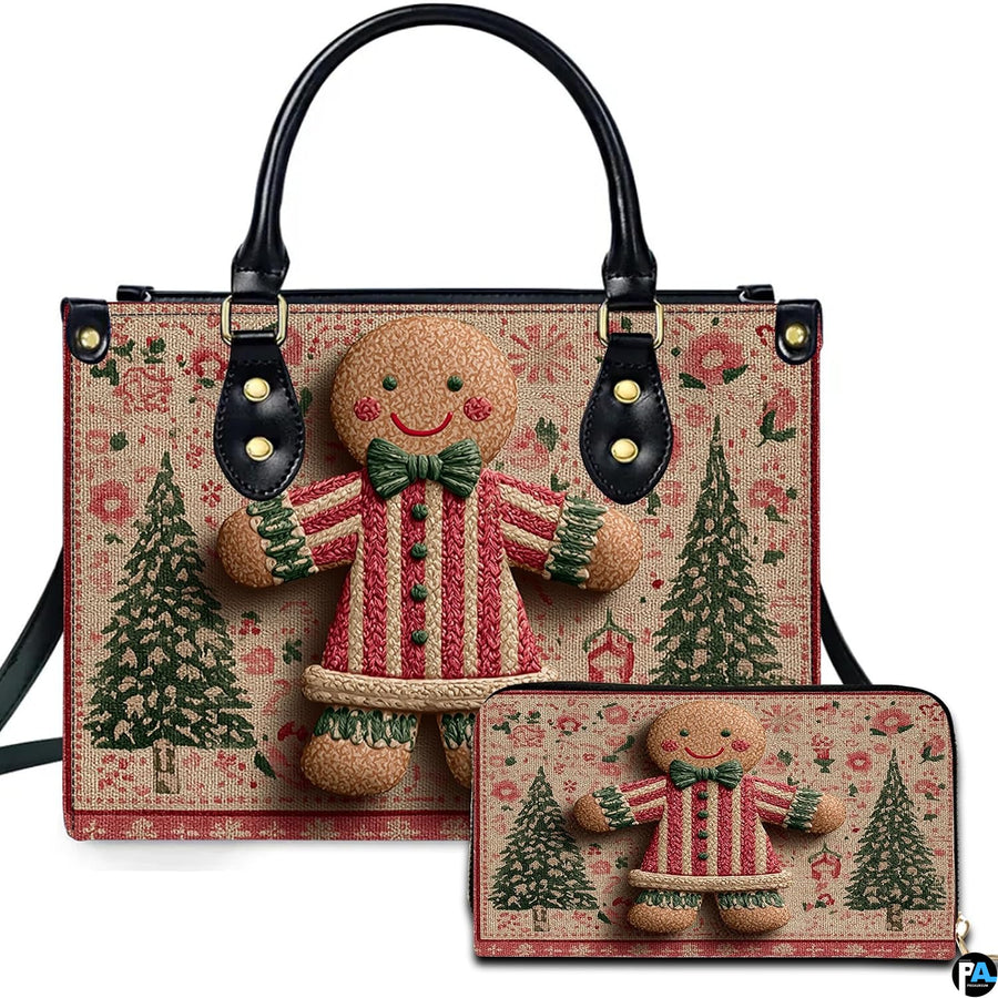Gingerbread figure holiday print with evergreen pine trees on a rustic damask backdrop