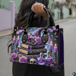 Outdoor street lifestyle photo of model carrying purple witch hat handbag.