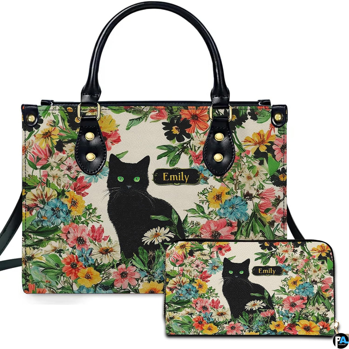 Front view of black cat wildflower garden handbag and matching wallet set with botanical flowers