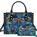Celestial cloisonne dragonfly and lotus handbag and wallet set displayed together on white background