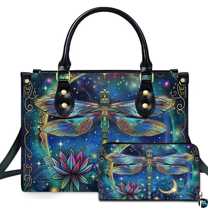 Celestial cloisonne dragonfly and lotus handbag and wallet set displayed together on white background