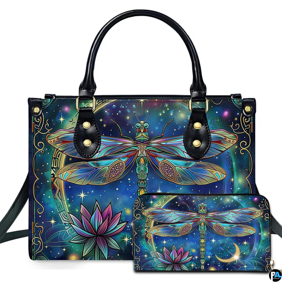 Celestial cloisonne dragonfly and lotus handbag and wallet set displayed together on white background