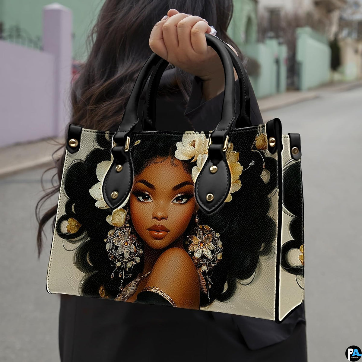 Artistic gardenia floral woman design presented in an outdoor urban street setting.