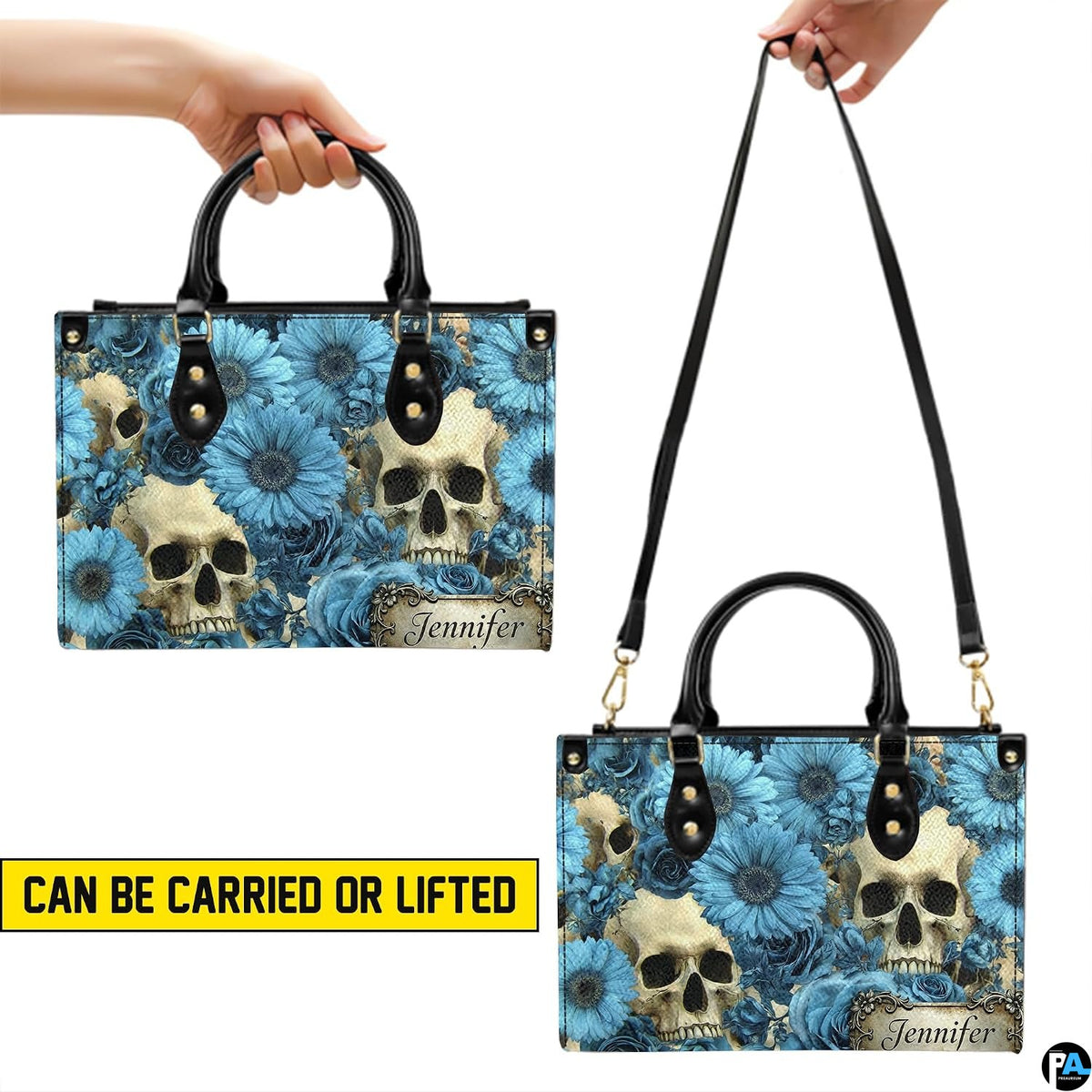 Skull floral daisy handbag carrying demonstration showing top handle and shoulder strap carry.