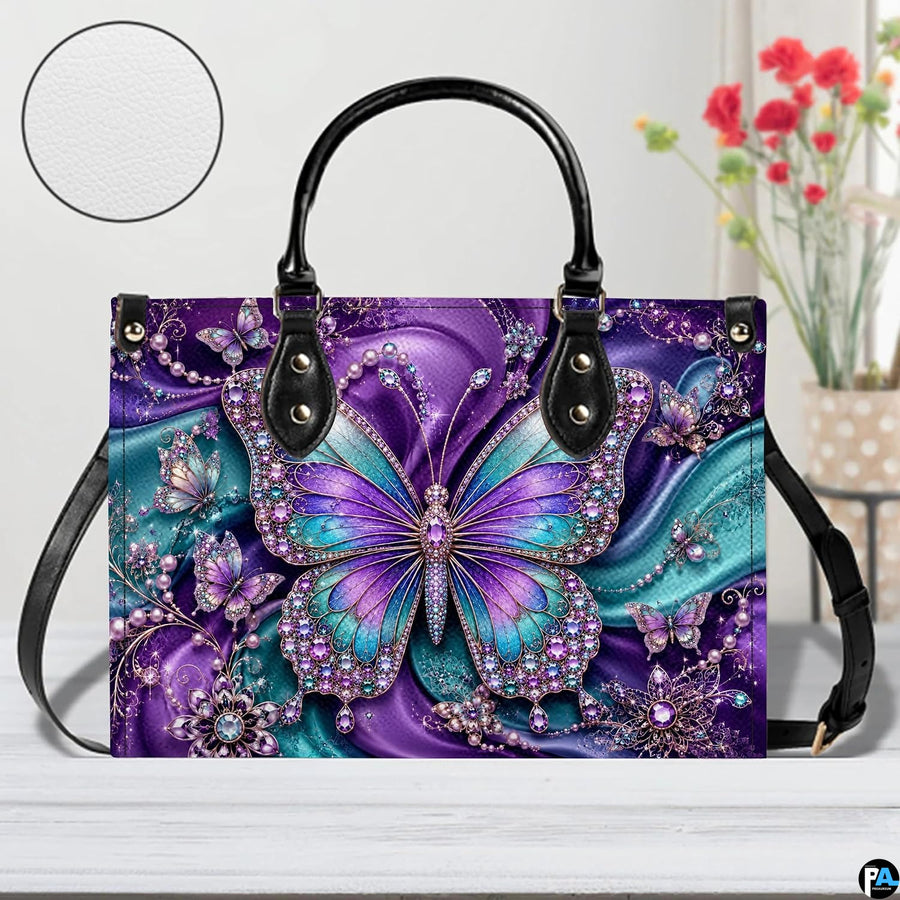 Front tabletop presentation of purple and teal butterfly artwork placed beside circular texture inset.