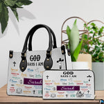 Lifestyle tabletop view of scripture affirmation handbag and matching wallet.