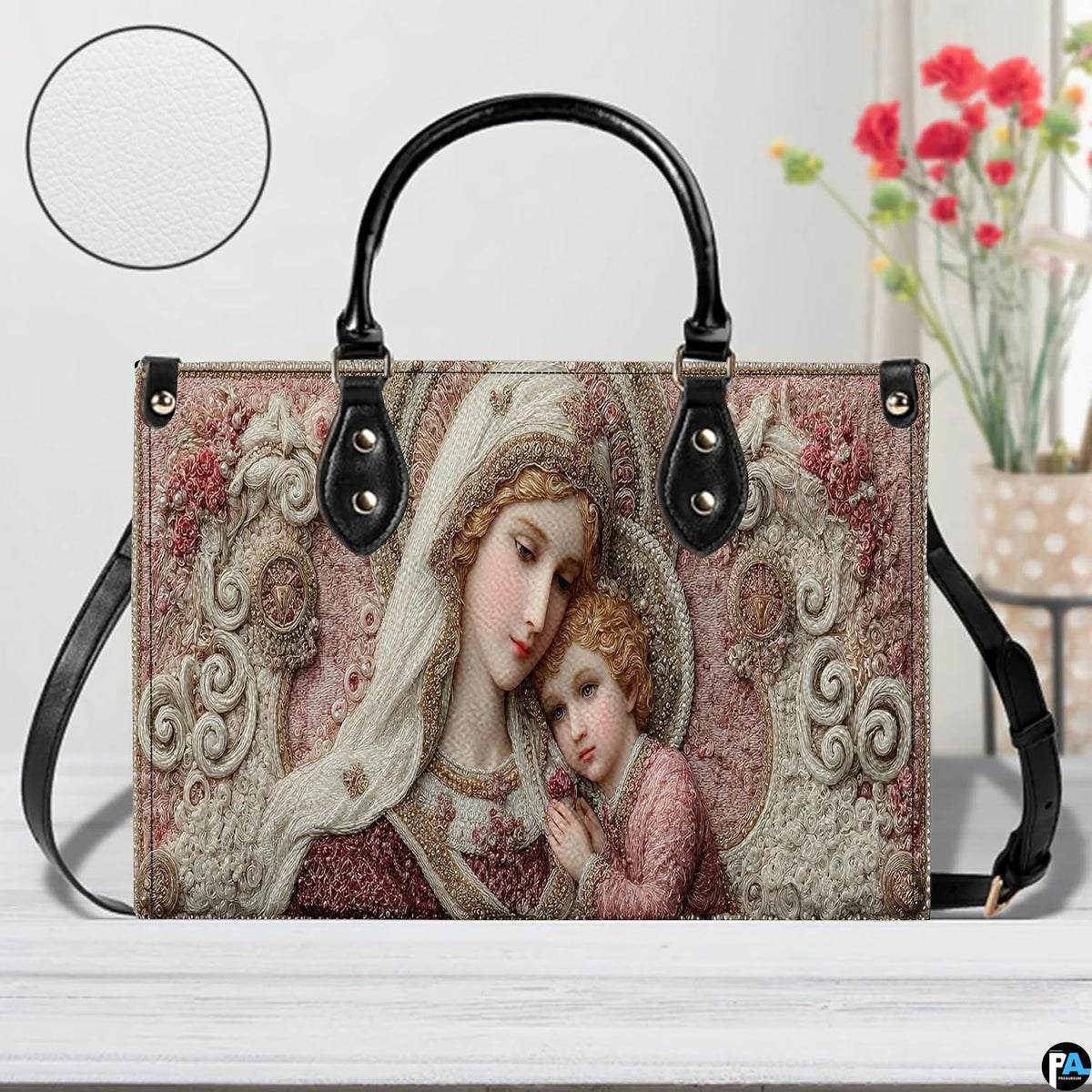 Top perspective displaying spacious main compartment and dark lining of the religious handbag.