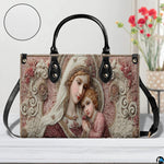 Top perspective displaying spacious main compartment and dark lining of the religious handbag.