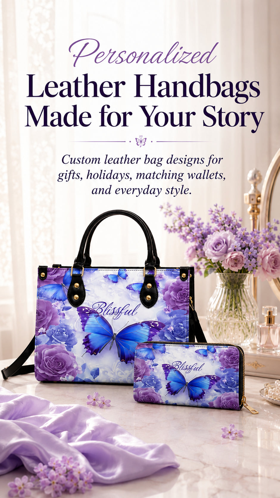 Personalized butterfly leather handbag and matching wallet by PREAUREUM