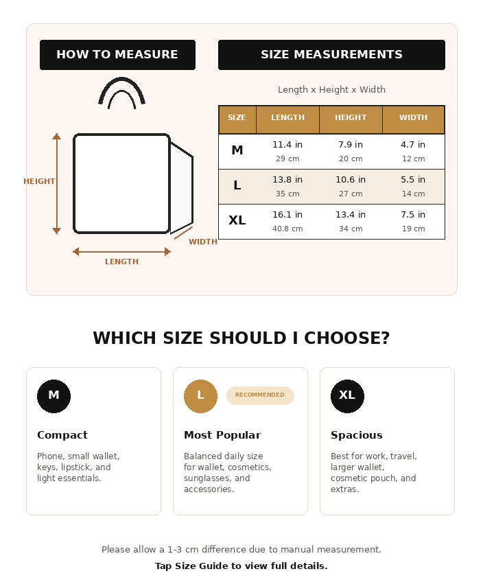 Handbag size guide
