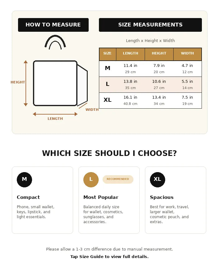 Handbag size guide